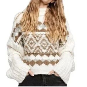 Free People White and Brown Patterned Turtleneck Sweater